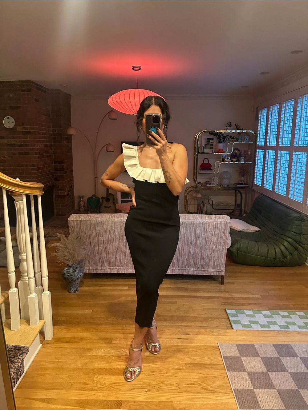 Zara Black One-Shoulder Midi Dress with Ivory Ruffle